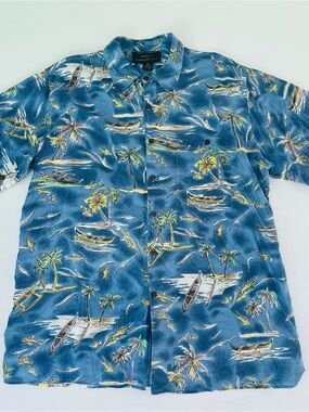 Silk Traders Vintage Men’s Hawaiian Blue Shirt Palm Tree Canoe Aloha Size XXL